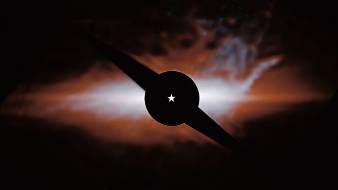 Okolí Beta Pictoris (hvězda je odstíněna a její pozici ukazuje bílá hvězdička) na snímku z JWST. Vpravo je „kočičí ocas“ Okolí Beta Pictoris (hvězda je odstíněna a její pozici ukazuje bílá hvězdička) na snímku z JWST. Vpravo je „kočičí ocas“