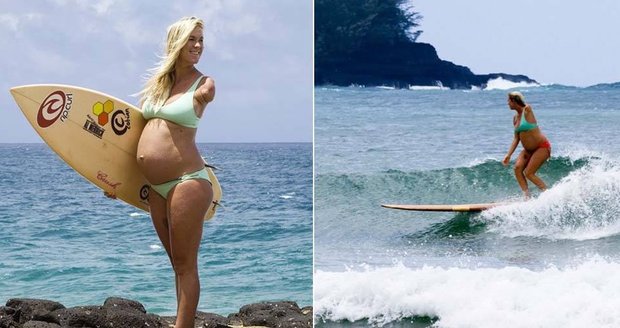 Žralok jí ukousl ruku, ale ona surfuje dál: Na prkně i v 9. měsíci těhotenství