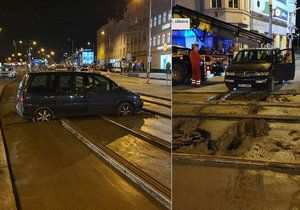 V Českomoravské ulici najel řidič autem do čerstvého betonu