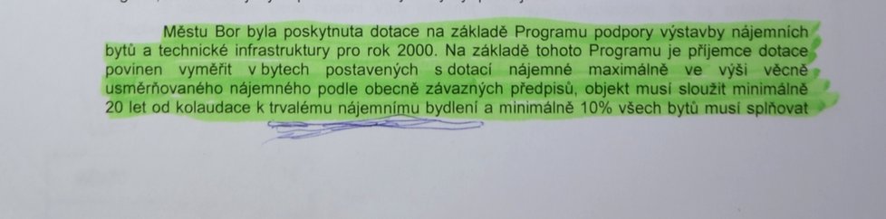 V dopise z roku 2014 ministerstvo pro místní rozvoj píše, že byla poskytnuta dotace městu Bor.