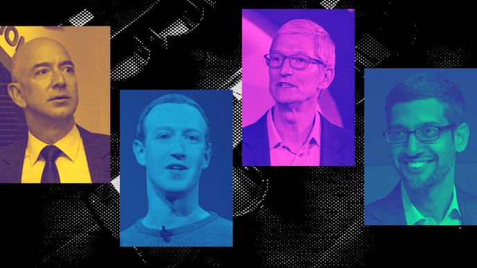 The "Big Four" - Jeff Bezos, Marc Zuckerberg, Tim Cook, Sundar Pichai - šéfové firem Amazon, Facebook, Apple a Alphabet.