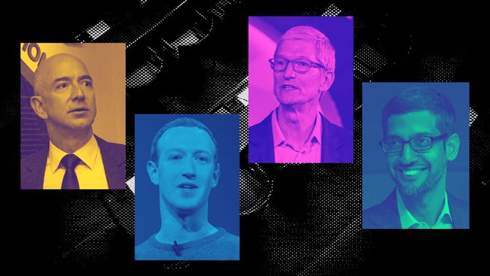 Šéfové největších technologických firem. Jeff Bezos, Mark Zuckerberg, Tim Cook, Sundar Pichai