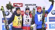 Tři nejlepší muži sprintu v Hochfilzenu: druhý Francouz Martin Fourcade, vítěz Johannes Thingnes Bö z Norska a třetí Slovinec Jakov Fak