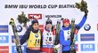 Tři nejlepší muži sprintu v Hochfilzenu: druhý Francouz Martin Fourcade, vítěz Johannes Thingnes Bö z Norska a třetí Slovinec Jakov Fak