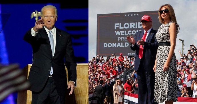 Volby prezidenta USA: Zleva Joe Biden, Donald Trump a Melania Trumpová