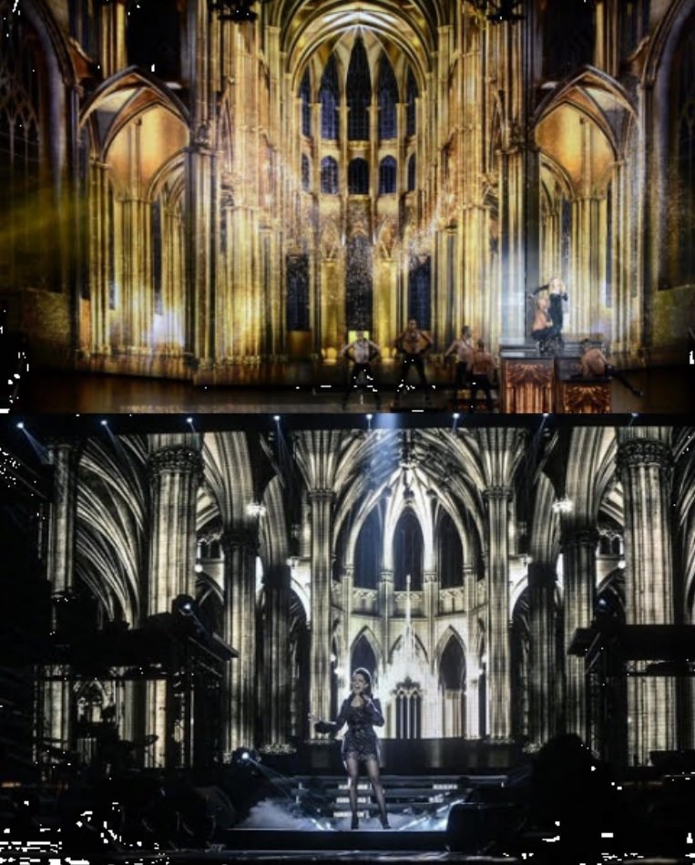 Turné Lucie Bílé a Madonny je hodně podobné. Nahoře fotka z koncertu Madonny, pod ní koncert Lucie Bílé.