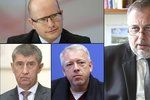 Končící šéf GIBS Ivan Bílek (vpravo) a trojice politiků: Bohuslav Sobotka, Andrej Babiš a Milan Chovanec