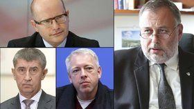 Končící šéf GIBS Ivan Bílek (vpravo) a trojice politiků: Bohuslav Sobotka, Andrej Babiš a Milan Chovanec