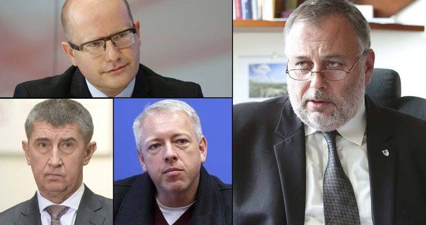 Končící šéf GIBS Ivan Bílek (vpravo) a trojice politiků: Bohuslav Sobotka, Andrej Babiš a Milan Chovanec