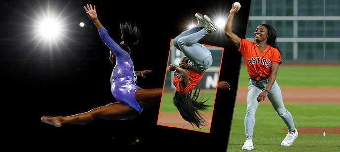 Baseballová mistryně světa Simone Bilesová odstarovala originálním slavnostním nadhozem finále MLB mezi Houstonem a Washingtonem