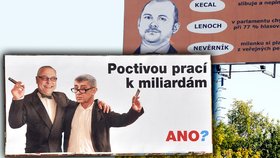 Na českých ulicích se objevuje čím dál tím více billboardů z antikampaní, namířených proti konkrétním politikům (zde proti Michalu Haškovi a Andreji Babišovi)