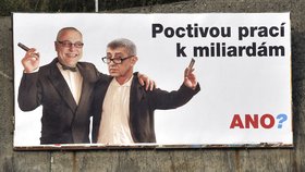 Miliardáři Bakala a Babiš na billboardu z předvolební antikampaně