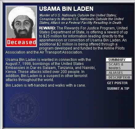 FBI na oficiálních stránkách píše, že hledaný bin Ládin je po smrti