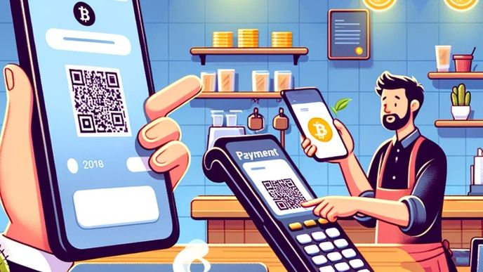 Ilustrace toho, jak může probíhat platba bitcoinem například v kavárně. Hlavním principem je skenování QR kódů přes mobilní peněženku.