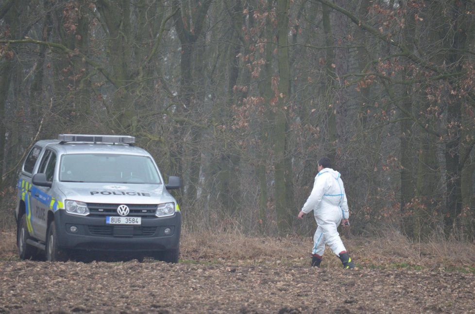 Policisté v rojnicích prohledávali okolí lesíka, kde se našlo tělo zavražděného mladíka.