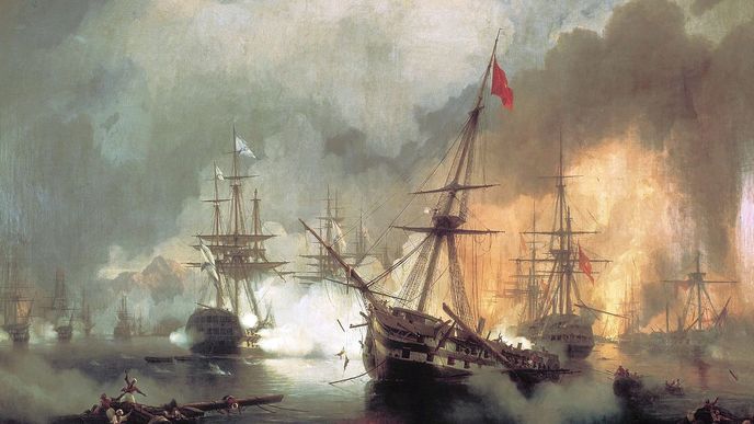 Rusové u Navarina. Obraz Ivana Aivazovského ukazuje ruskou eskadru bombardující tureckou flotilu (vpravo)