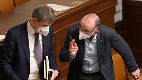 Premiér Andrej Babiš a ministr zdravotnictví Jan Blatný v Poslanecké sněmovně při dalším projednávání o prodloužení nouzového stavu (26. 2. 2021)