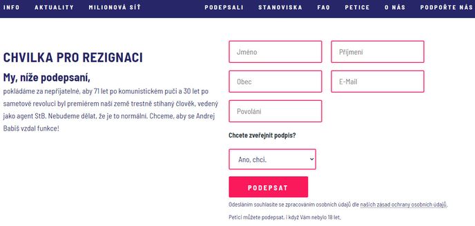Petice Chvilka pro rezignaci, pod níž je mimo jiné i jméno nového ministra zdravotnictví Jana Blatného