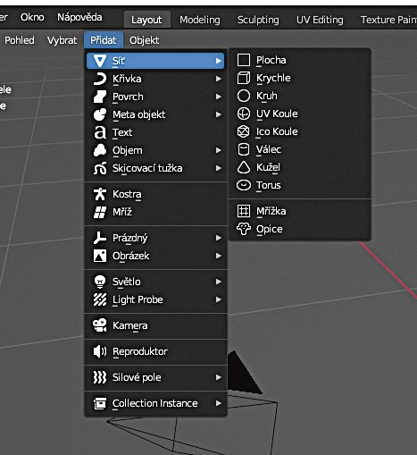 Pro přidání nového objektu do scény otevřeme nabídku PŘIDAT vlevo nahoře, nebo použijeme klávesovou zkratku SHIFT + A