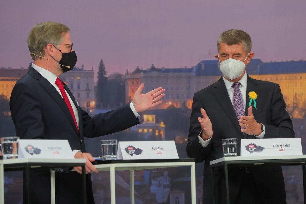 Superdebata Blesku (30. 9. 2020): Zleva Petr Fiala (ODS) a Andrej Babiš (ANO)