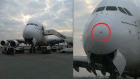 Blesk, který udeřil do Airbusu A380, poškodil přední část letadla.