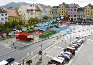 Podívejte se na rozmístění vyšetřovacích stanů na Masarykově náměstí v Děčíně.