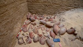 Jedna z&nbsp;vrstev zásobnic obsahujících zbytky po provedené mumifikaci uložených v&nbsp;mumifikačním depozit u dosud neprozkoumané šachtové hrobky v&nbsp;Abúsíru.