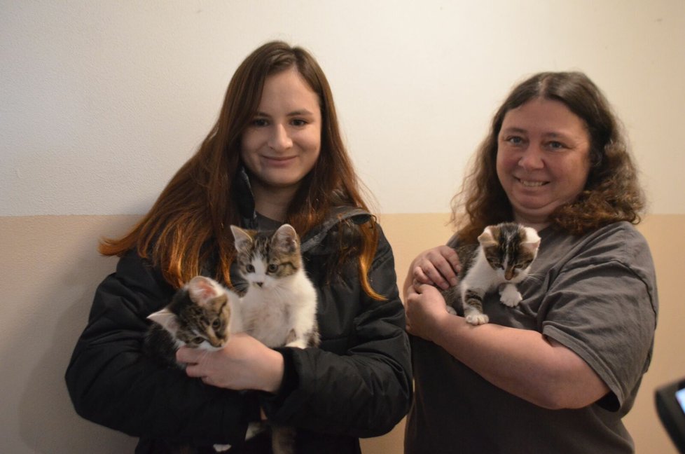 Vedoucí útulku Anežka Formanová (vlevo) se svou kolegyní a koťaty k adopci