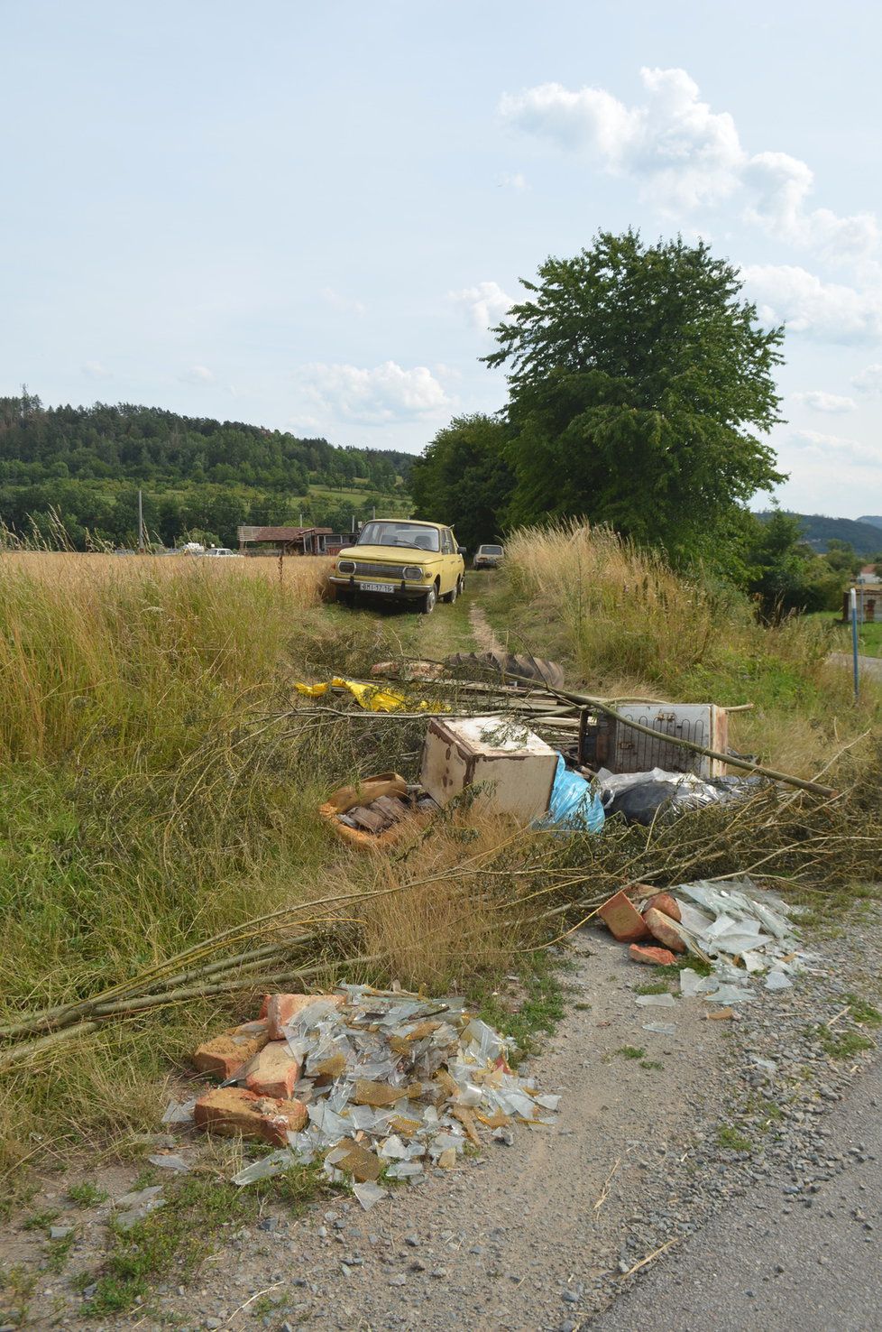 Cestu zatarasil podivín starými pneumatikami, lednicemi, stavební sutí, větvemi a hromadami střepů. Navíc na ni zaparkoval několik vraků aut