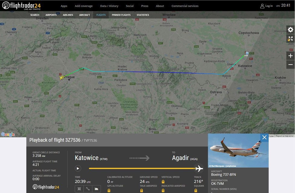 Let Smartwings z polských Katovic do Agadiru v Maroku neplánovaně přistál v Praze. (16. 8. 2019)
