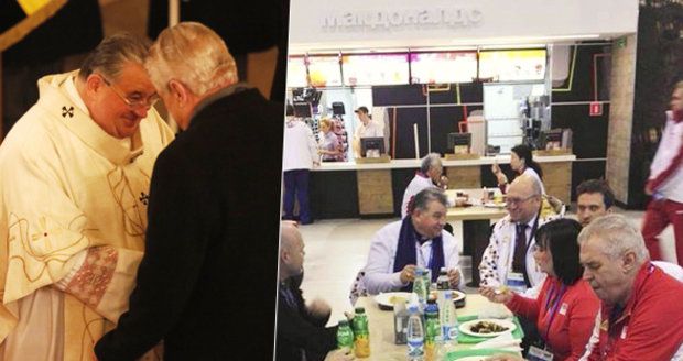 Duka se Zemanem byli v ruském McDonaldu. Kardinál po mši v Lánech čelí kritice