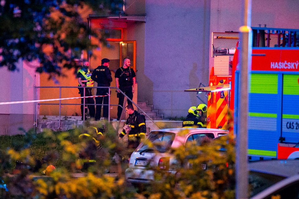 Policisté a hasiči 8. srpna 2020 u panelového domu v Bohumíně, ve kterém při požáru v 11. patře zahynulo 11 lidí.