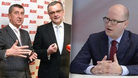 Bohuslav Sobotka a Andrej Babiš s Miroslavem Kalouskem v redakci Blesku