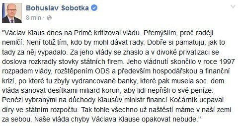 Premiér Sobotka se pustil na Facebooku do exprezidenta Klause.