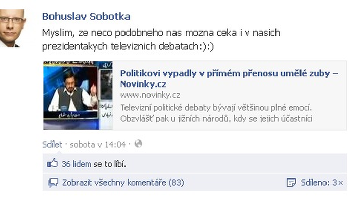 Facebook Bohuslava Sobotky a jeho kontroverzní status