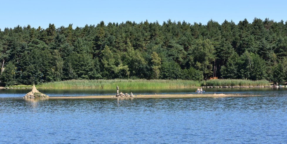 Hladina rybníka je opět níže a ostrov je větší než loni.