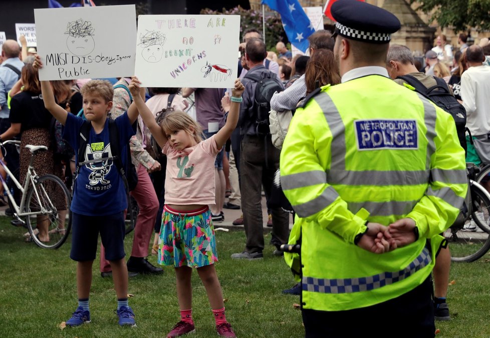 Protest v Londýně proti předsedovi vlády Borisi Johnsonovi (28. 8. 2019)