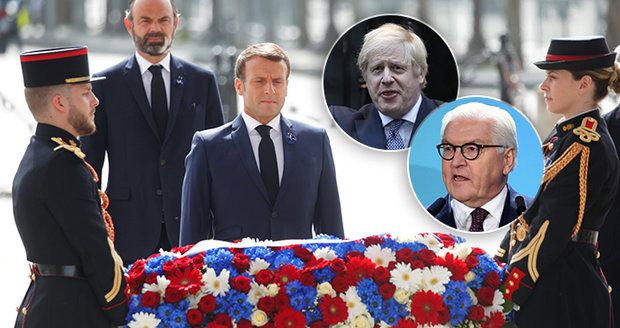 Macron, Johnson i Steinmeier oslavili 75 let od konce 2. světové války. Průvody zhatil vir