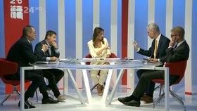 Nedělní debata na ČT: Zleva Šťastný (Motoristé), Nacher (ANO), Hřib (Piráti) a Havel (TOP 09)
