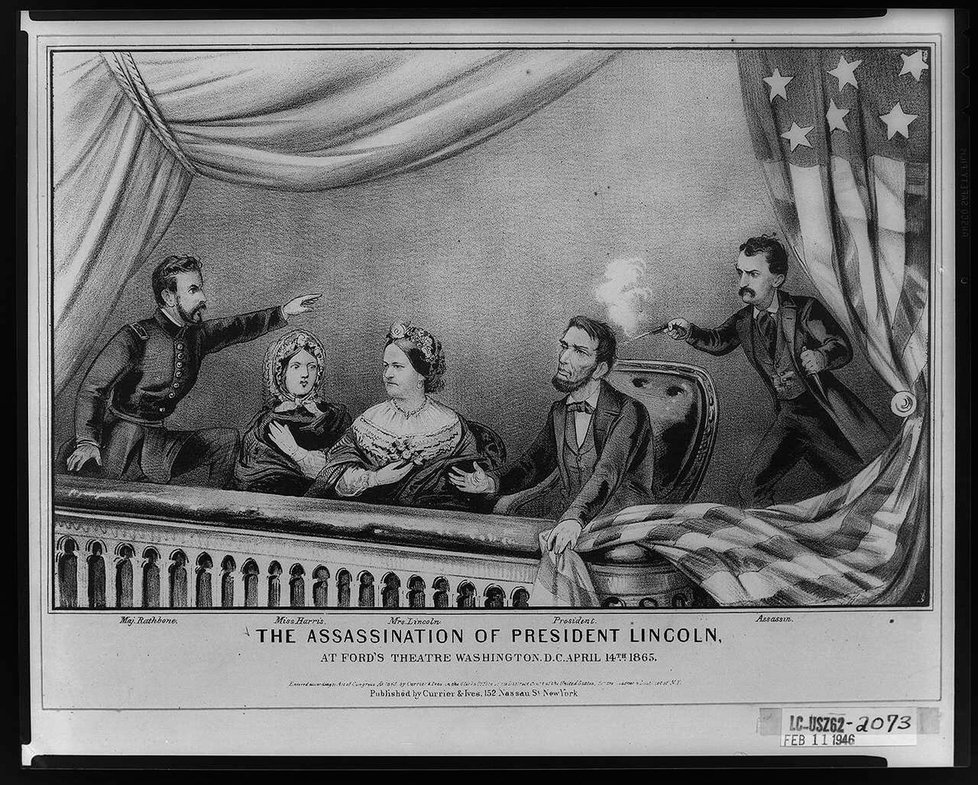 Dobová kresba zachycující atentát na Lincolna