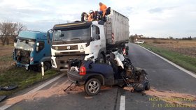 Řidič osobáku nepřežil u Přeštic na Plzeňsku střet s náklaďákem.