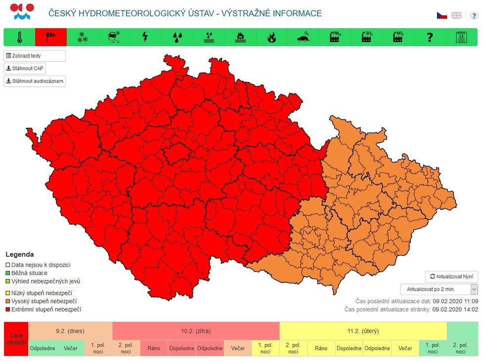 Meteorologové z ČHMÚ vydali výstrahu před extrémně silným vichrem (9. 2. 2020).