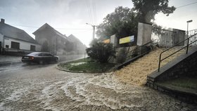 Prudká bouře s velkými kroupami a přívaly bahnité vody zatopily 24. srpna večer v Třešti na Jihlavsku sklepy a ulice. Na snímku zámecké schody u Třešťského zámku.