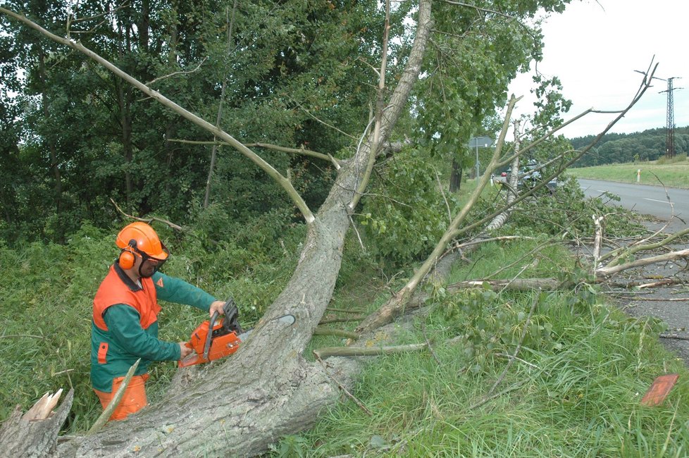 Lukáš Hrenčin (35) z SÚS Stříbro rozřezává padlý strom na silnici.