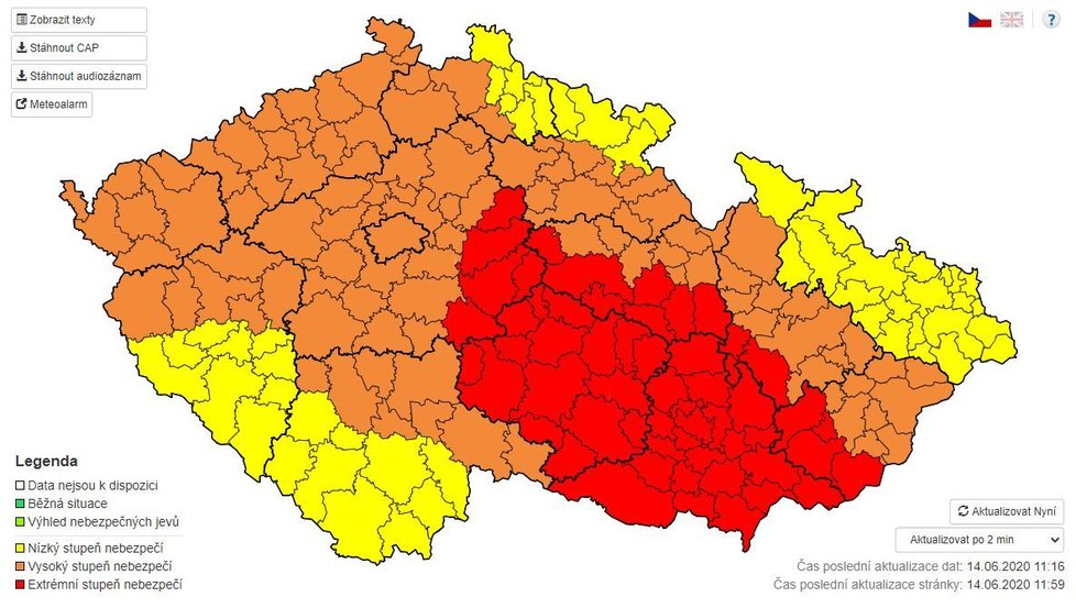 Výstraha před bouřkami v Česku (14. 6. 2020)