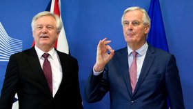 Hlavní vyjednávač EU o brexitu Michel Barnier (vpravo) a britský ministr pro brexit David Davis na jednání v sídle EU v Bruselu