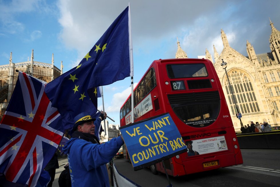 Odpůrci odchodu Británie z EU protestovali před budovou parlamentu v Londýně.