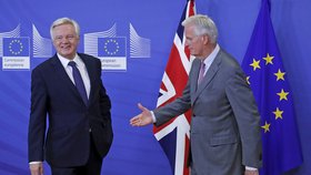 Vyjednávači EU a Británie se dnes v Bruselu sešli ke druhému kolu jednání o brexitu. Vlevo David Davis za Británii, vpravo Michel Barnie za EU.
