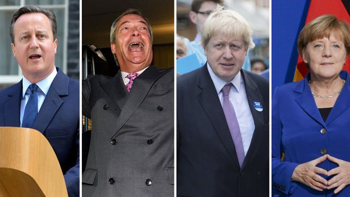 David Cameron, Nigel Farage, Boris Johnson, Angela Merkelová