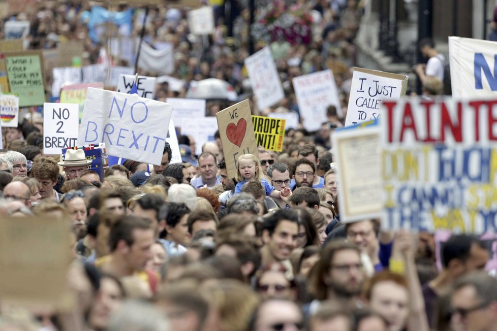 Tisíce lidí protestují proti odchodu Británie z EU.